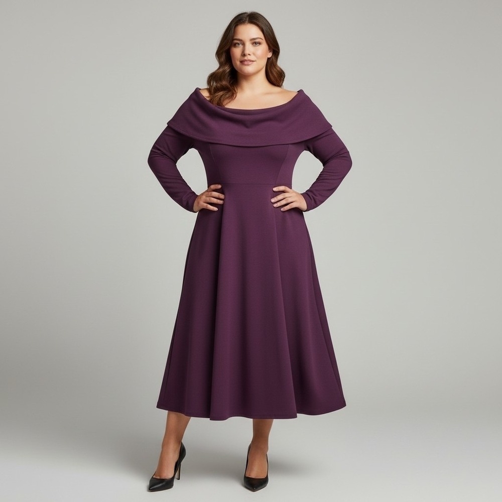 Avenue Womens Purple Portrait Collar Fit and Flare Midi Dress Plus Size 18/20
